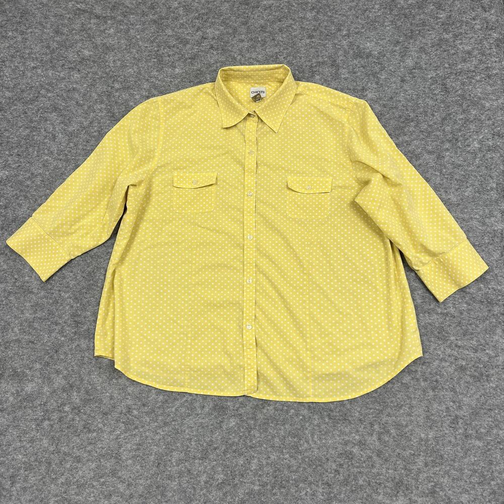 Chicos Shirt Womens XL 3 Yellow Polka Dot Tunic Button-Up Casual Stretch Outdoor